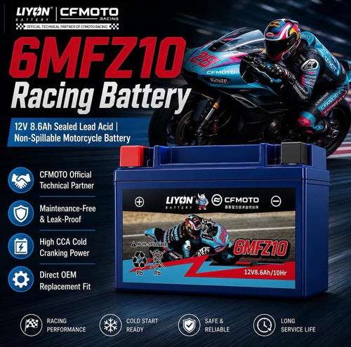 LIYON x CFMOTO Racing 6MFZ10 Motorradbatterie (12V 8.6Ah) – Limited Edition 🏁