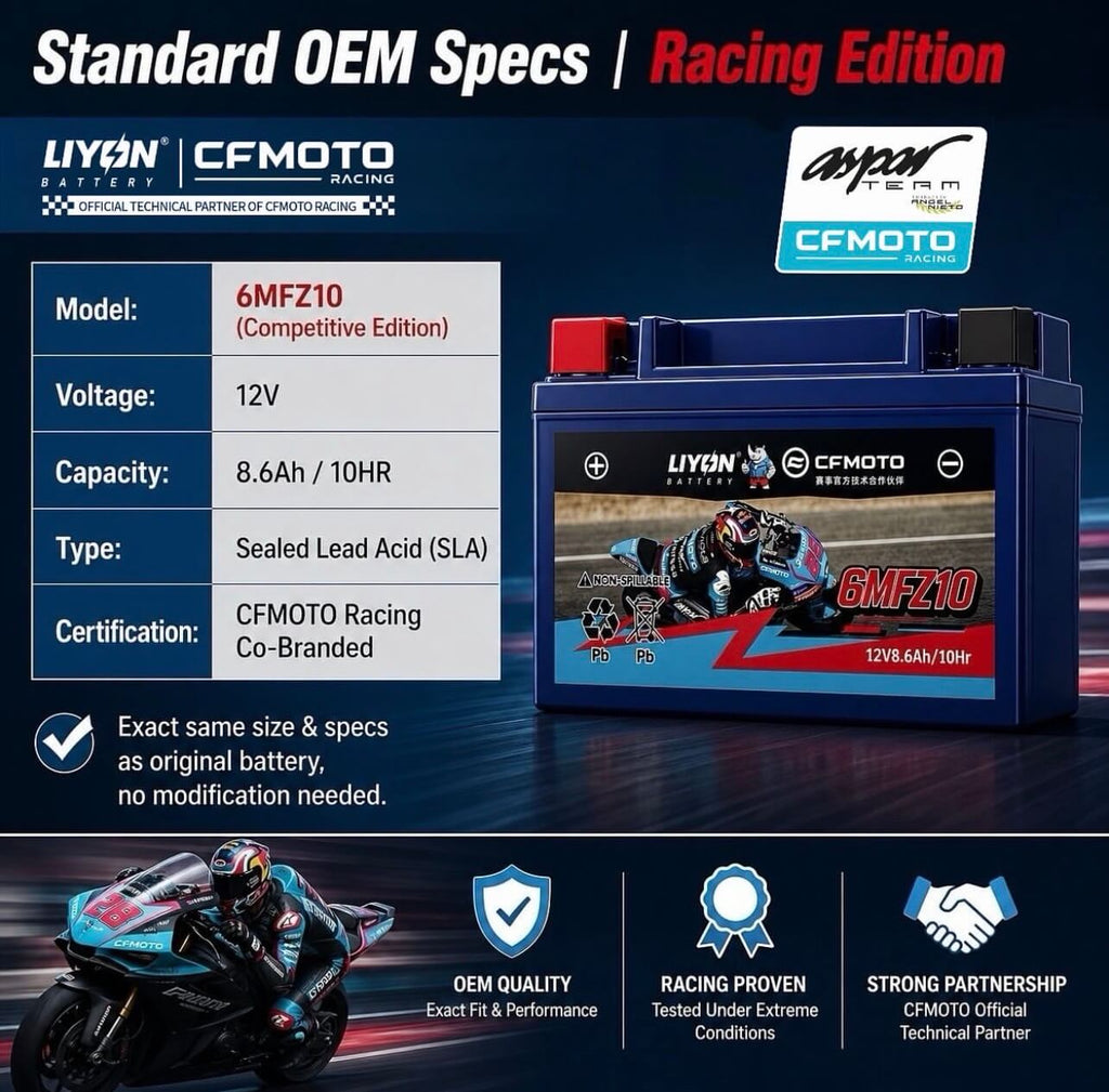 LIYON x CFMOTO Racing 6MFZ10 Motorradbatterie (12V 8.6Ah) – Limited Edition 🏁