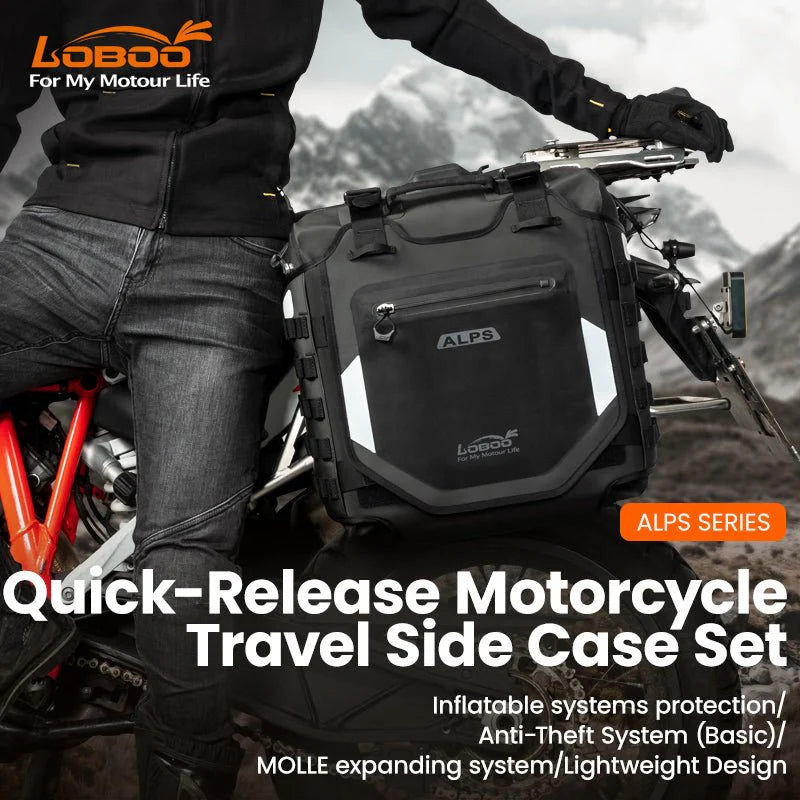 LOBOO Alps Aufblasbare Wasserdichte Seitentaschen (23L/30L) — Stoßdämpfendes Soft-Pannier-System mit Diebstahlsicherung für Motorrad-Adventure-Touren