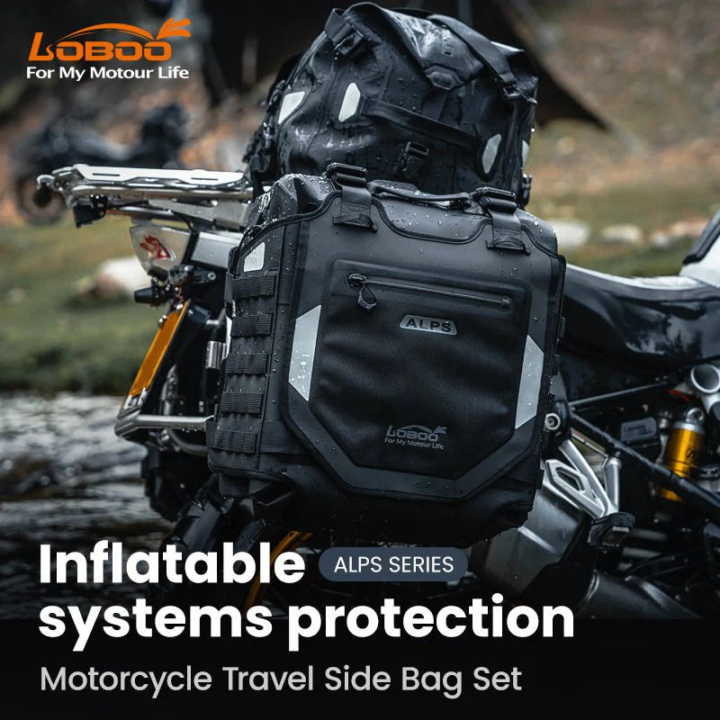LOBOO Alps Aufblasbare Wasserdichte Seitentaschen (23L/30L) — Stoßdämpfendes Soft-Pannier-System mit Diebstahlsicherung für Motorrad-Adventure-Touren