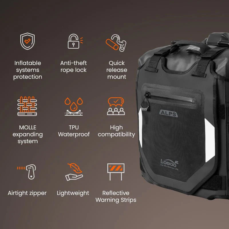 LOBOO Alps Aufblasbare Wasserdichte Seitentaschen (23L/30L) — Stoßdämpfendes Soft-Pannier-System mit Diebstahlsicherung für Motorrad-Adventure-Touren