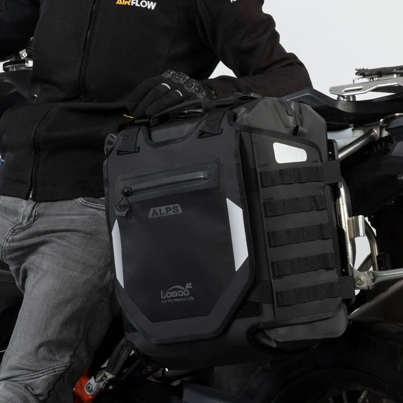 LOBOO Alps Aufblasbare Wasserdichte Seitentaschen (23L/30L) — Stoßdämpfendes Soft-Pannier-System mit Diebstahlsicherung für Motorrad-Adventure-Touren
