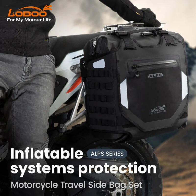 LOBOO Alps Aufblasbare Wasserdichte Seitentaschen (23L/30L) — Stoßdämpfendes Soft-Pannier-System mit Diebstahlsicherung für Motorrad-Adventure-Touren