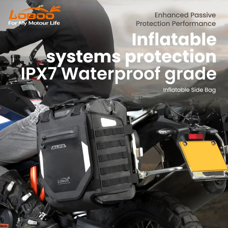 LOBOO Alps Aufblasbare Wasserdichte Seitentaschen (23L/30L) — Stoßdämpfendes Soft-Pannier-System mit Diebstahlsicherung für Motorrad-Adventure-Touren