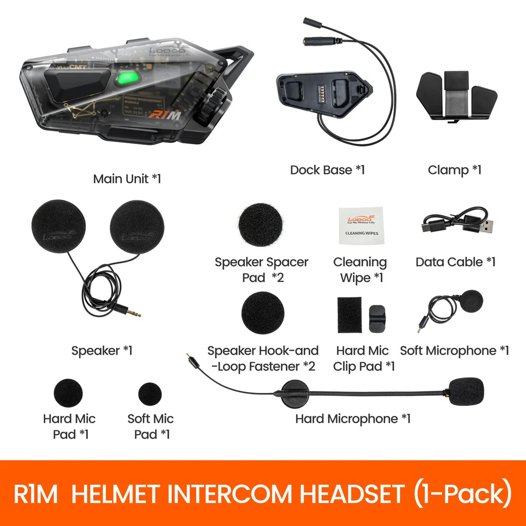LOBOO R1M Motorcycle Intercom Helmet Headset – 24-Rider Bluetooth Mesh, 60H, IP67