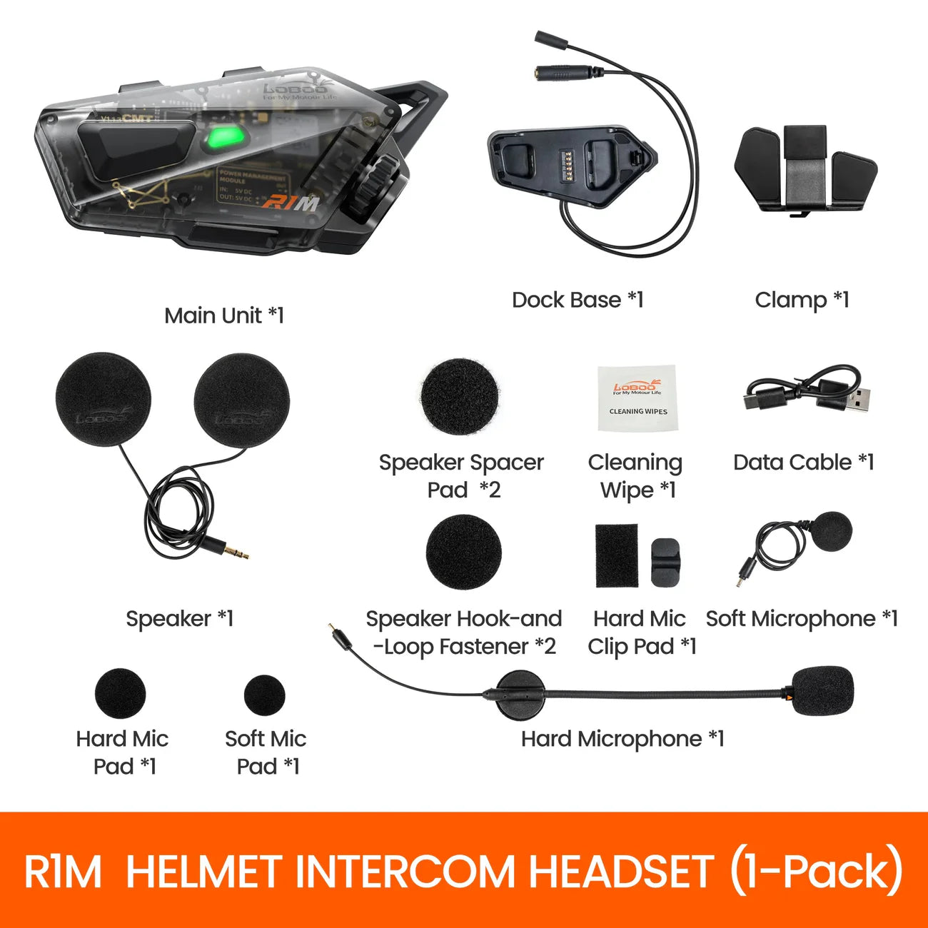 LOBOO R1M Motorcycle Intercom Helmet Headset – 24-Rider Bluetooth Mesh, 60H, IP67