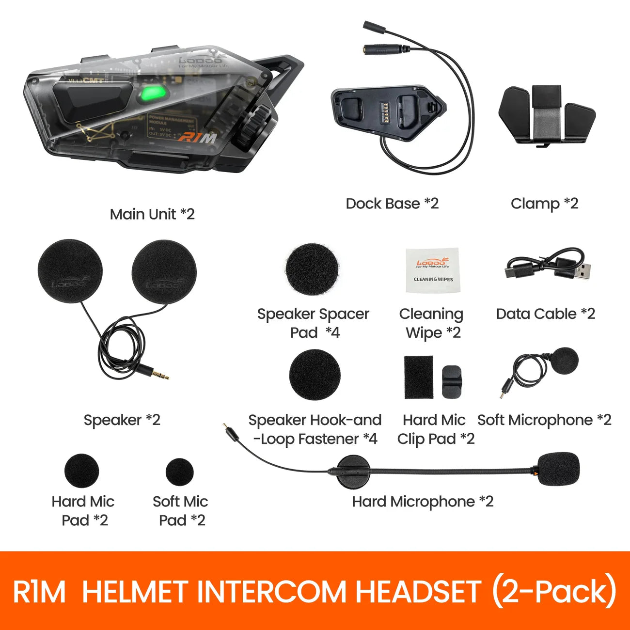 LOBOO R1M Motorcycle Intercom Helmet Headset – 24-Rider Bluetooth Mesh, 60H, IP67