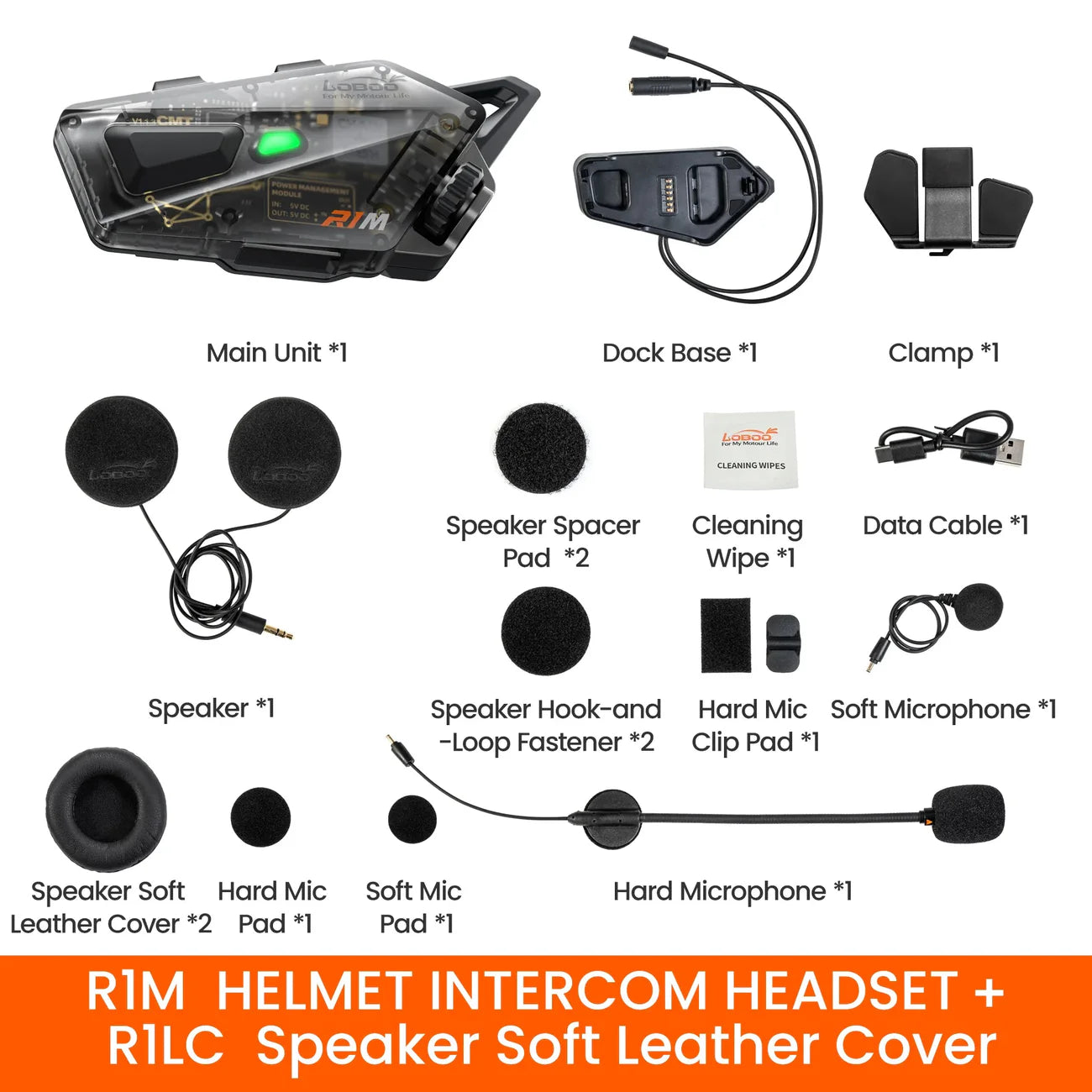 LOBOO R1M Motorcycle Intercom Helmet Headset – 24-Rider Bluetooth Mesh, 60H, IP67
