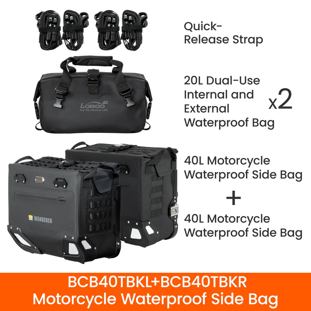 LOBOO Wanderer Wasserdichte Seitentaschen (40L/40L) — Kompaktes Quick-Release Soft-Pannier-System mit MOLLE-Erweiterung für Motorrad-Adventure-Touren