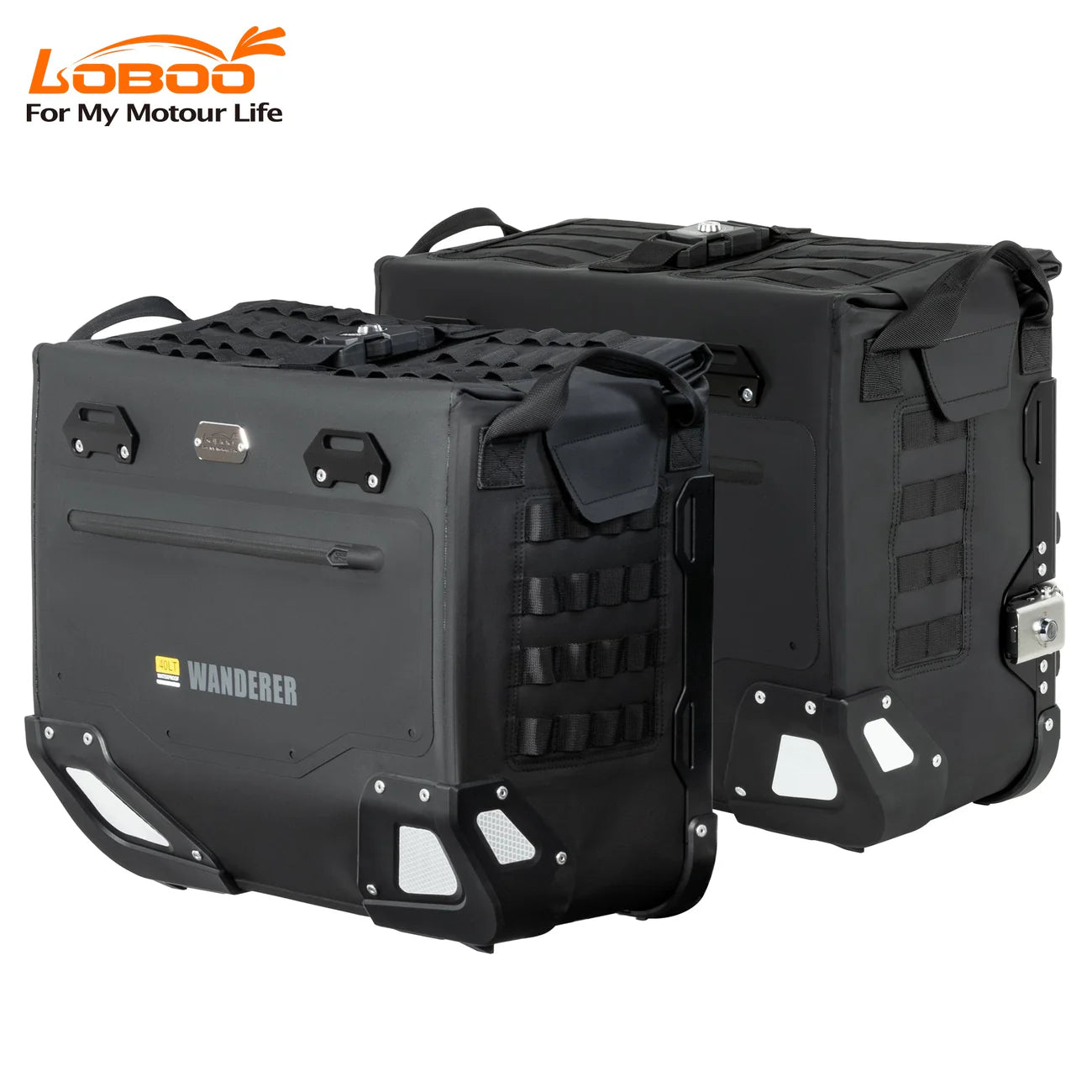 LOBOO Wanderer Wasserdichte Seitentaschen (40L/40L) — Kompaktes Quick-Release Soft-Pannier-System mit MOLLE-Erweiterung für Motorrad-Adventure-Touren