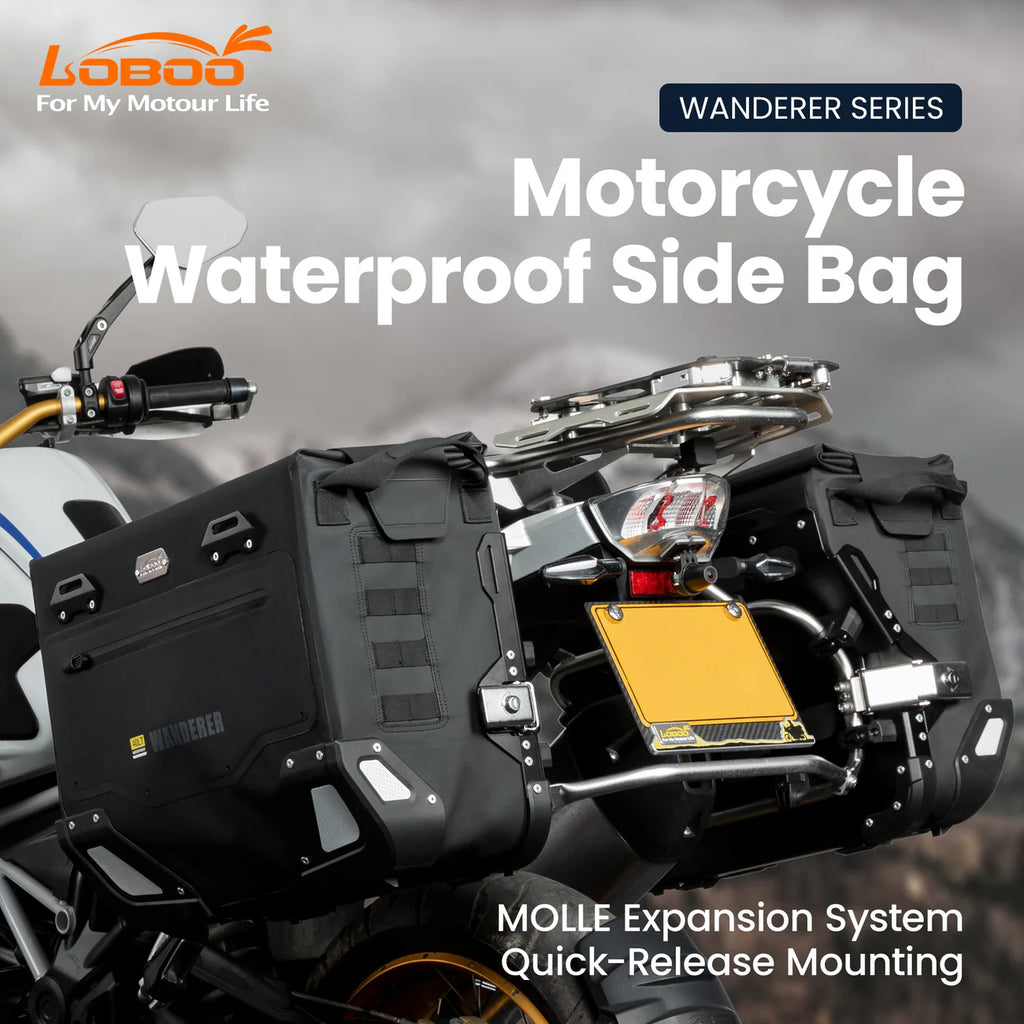 LOBOO Wanderer Wasserdichte Seitentaschen (40L/40L) — Kompaktes Quick-Release Soft-Pannier-System mit MOLLE-Erweiterung für Motorrad-Adventure-Touren