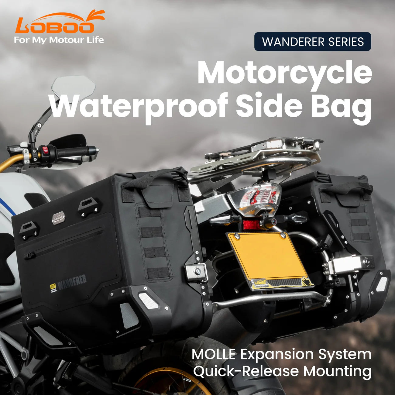 LOBOO Wanderer Wasserdichte Seitentaschen (40L/40L) — Kompaktes Quick-Release Soft-Pannier-System mit MOLLE-Erweiterung für Motorrad-Adventure-Touren
