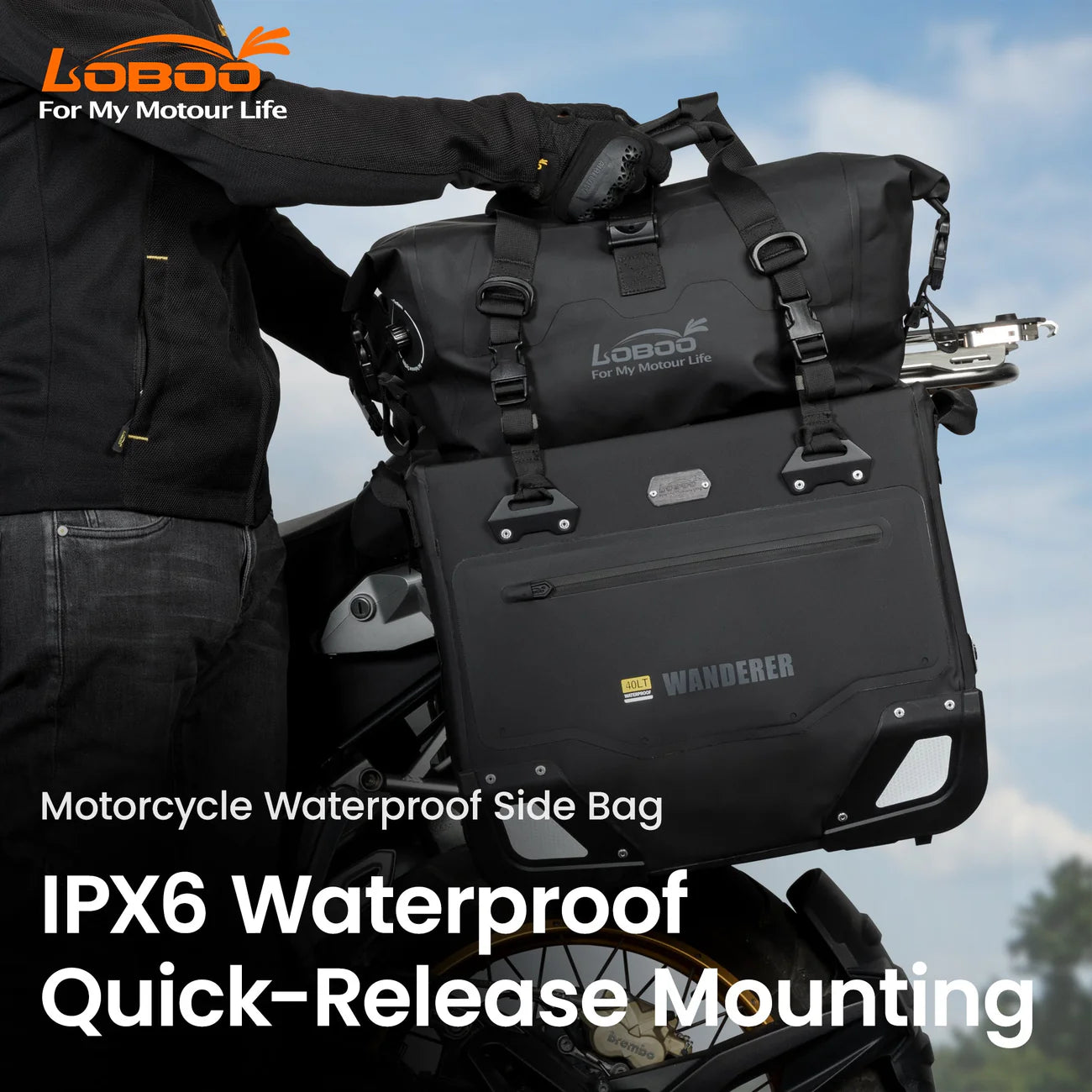 LOBOO Wanderer Wasserdichte Seitentaschen (40L/40L) — Kompaktes Quick-Release Soft-Pannier-System mit MOLLE-Erweiterung für Motorrad-Adventure-Touren