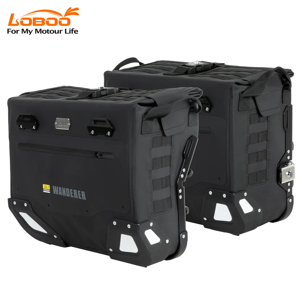 LOBOO Wanderer Wasserdichte Seitentaschen (40L/40L) — Kompaktes Quick-Release Soft-Pannier-System mit MOLLE-Erweiterung für Motorrad-Adventure-Touren