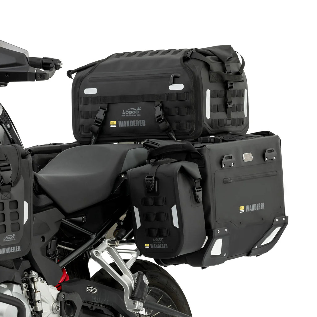 LOBOO Wanderer Wasserdichte Seitentaschen (40L/40L) — Kompaktes Quick-Release Soft-Pannier-System mit MOLLE-Erweiterung für Motorrad-Adventure-Touren