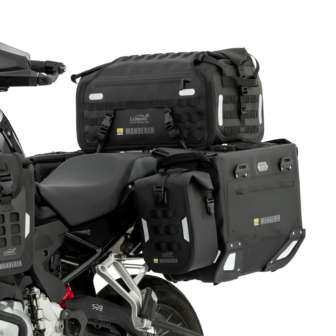 LOBOO Wanderer Wasserdichte Seitentaschen (40L/40L) — Kompaktes Quick-Release Soft-Pannier-System mit MOLLE-Erweiterung für Motorrad-Adventure-Touren